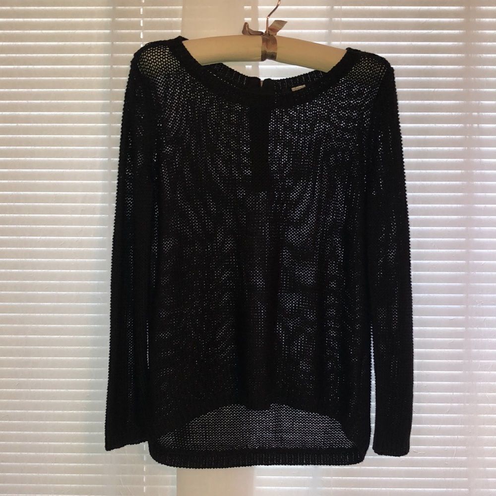 H&M S Divided Reverse Knit Black Crewneck Back Zip High Low Pullover